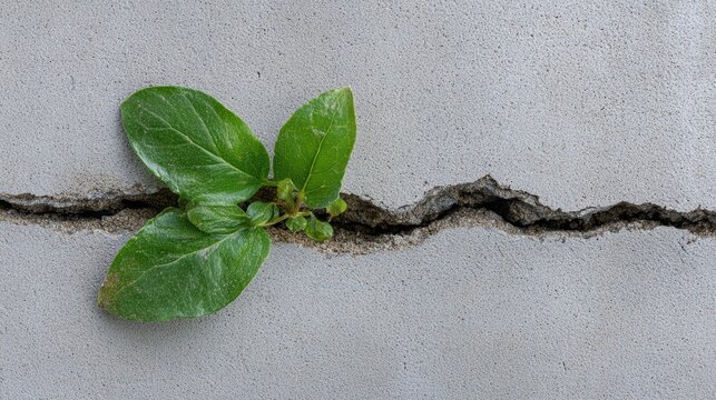 Resilient plant growth in concrete wall crack detail view of small plant pushing through narrow crack in solid concrete wall