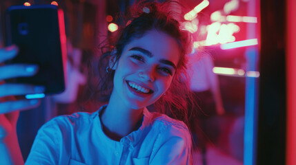 A young woman takes a selfie, illuminated by vibrant neon light, radiating happiness