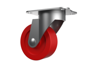 High-def visualization of a heavy-duty industrial plate caster: Robust metallic housing supporting a durable red polyurethane tire, perfect for machinery mobility solutions and clear background