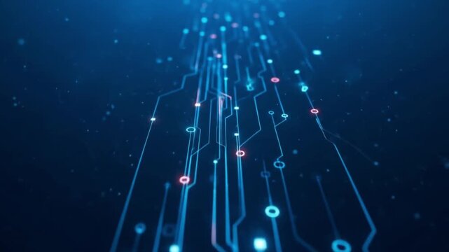 Abstract digital data stream with glowing dots and lines on dark background