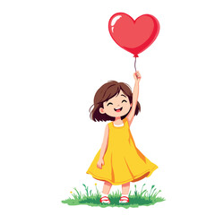 Vsai happy girl holding a big red heart balloon