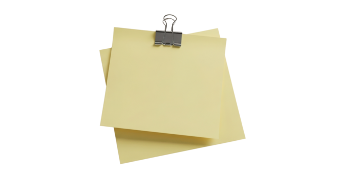 Stack of yellow notes with binder clip isolated PNG with Transparent Background