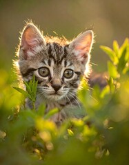 Obraz premium Adorable striped kitten peering out from lush green foliage