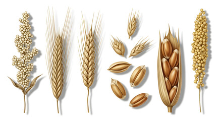 Illustration of various healthy cereal grains wheat, barley, rye, sorghum. Agricultural staples for organic food and sustainable nutrition, isolated on white background