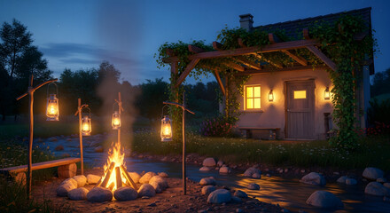Enchanting twilight ambiance with a crackling campfire, glowing lanterns, and a tranquil stream beside a cozy rustic cabin, perfect for a peaceful evening escape