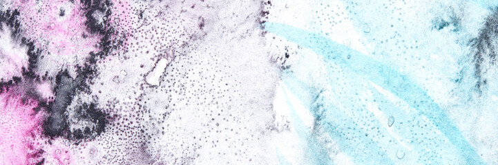 Abstract watercolor texture with pink, purple, and blue ink splashes on white background.