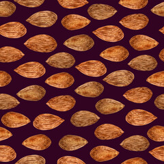 Watercolor almonds on a dark purple background. Seamless hand-drawn pattern. Perfect for design templates, wallpaper, wrapping, fabric, print and textile.