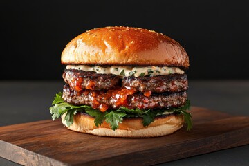 Sriracha mayo burger topped with fresh cilantro bright light front angle realistic food photography