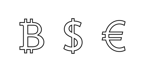 Bitcoin, dollar, and euro money icon in outline style. Financial currency symbol