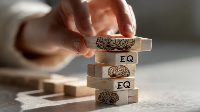 A hand carefully places a block on a Jenga-like stack of wood blocks with brains and "EQ