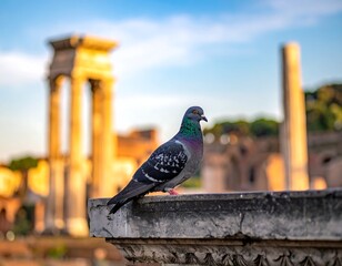 Bird perches against ancient architecture backdrop, bathed in golden light