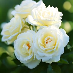 Close-up of several pristine, creamy white rose blossoms in sunlight