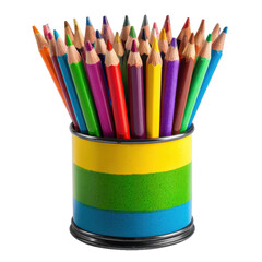 Fototapeta premium Pencils in holder png stationery png art png rainbow png supplies png school png drawing png creative png vibrant png desk png transparent background image