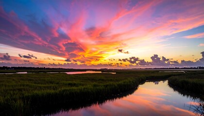 Naklejka premium Marsh view at sunset, colorful sky reflected in water. Green grass, distant trees, cloudscape, serene and peaceful