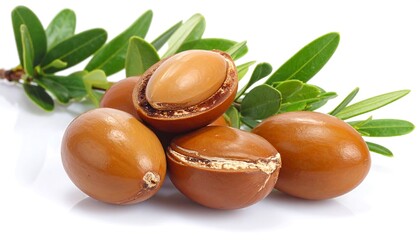 Glossy, brown Argan nuts with vibrant green leaves on a bright white background, close-up, and high-key lighting