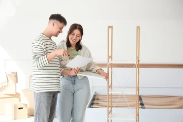 Gardinen Musik Young couple with instructions assembling shelving unit in bedroom on moving day  © Pixel-Shot