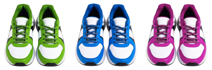 group of front view of running shoes in three colors isolated on white