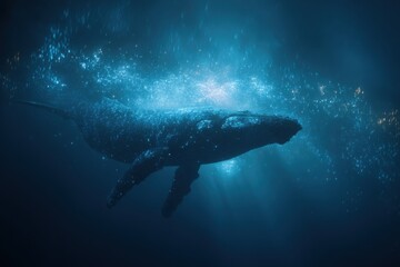 Fototapeta premium majestic whale gliding in deep blue water surrounded by sparkling sunlight particles concept of marine life serenity underwater freedom and beauty of oceanic world