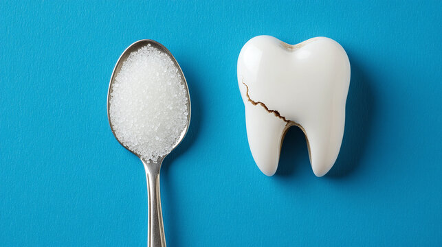 Spoon filled with sugar and tooth symbolizing sugar affects dental health