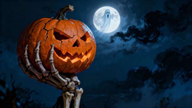 Skeleton hand holding a carved pumpkin with a sinister face under a full moon and ghostly figure
