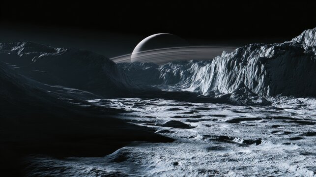 Stunning hyper realistic depiction of dione, saturn s icy moon with reflective ice and craggy cliffs - Powered by Adobe