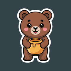 Cute cartoon brown bear holding a pot of honey with a gray background and white outline sticker