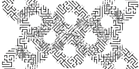 Complex black and white pattern featuring intricate maze-like designs and geometric shapes.