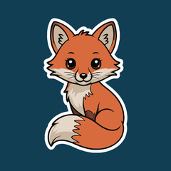 Cartoon illustration of a cute fox sitting with a curled tail on a dark blue background sticker style