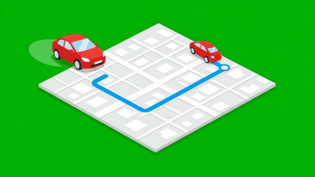Two red cars navigating a simplified map with a blue route indicator, suggesting travel and navigation.
