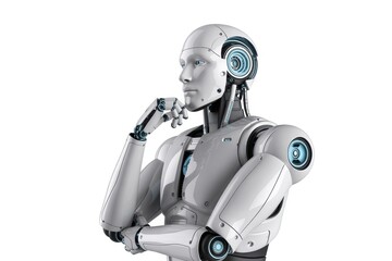 A contemplative robot with a hand on its chin against a plain white background in a studio shot