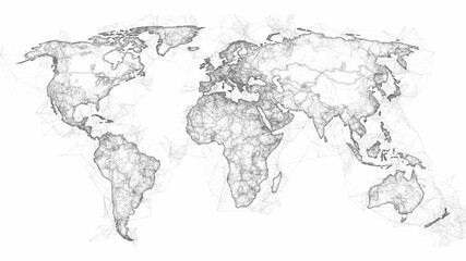 Stylized world map with a black and white plexus network effect on a white background. For global business, technology, or data concepts - Powered by Adobe
