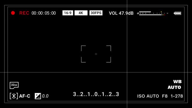 Horizontal 16:9 professional camera viewfinder screen with detailed 4k 30fps data, audio levels, and focus brackets. For filmmaking or tech concepts