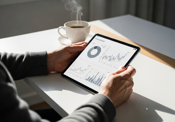 コーヒーとタブレットの分析画面で指標を確認する手元