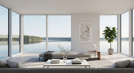 大きな窓から湖を望むミニマルなリビングの内観