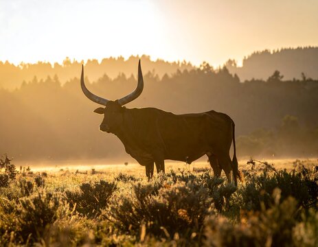 An African Ankole bull stands silhouetted by the sun, with large horns