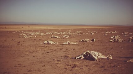 Bone remains of cattle scattered across an arid savanna landscape in Africa under a vast sky showcasing the harsh conditions of the environment