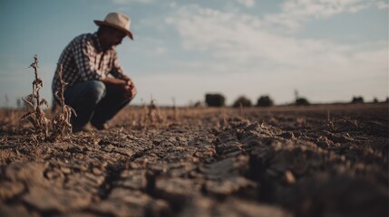Desolate Farmland Affected by Severe Drought with Cracked Soil and a Farmer in Contemplation on a Sunny Day