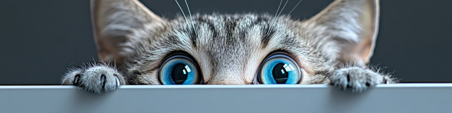 Charming Ragamuffin Cat with Striking Blue Eyes Playfully Peeking Over a White Surface