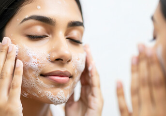 Beautiful Woman Washing Face with Cleansing Foam &ndash; Skincare Routine