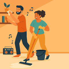 Flat vector illustration of a smiling couple cleaning their home together while listening to music. Bright and cheerful scene perfect for lifestyle, teamwork, or household themes.