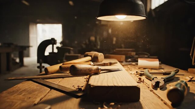 Woodworker's tools on rustic workbench with sawdust under warm lamp light in a traditional workshop footage