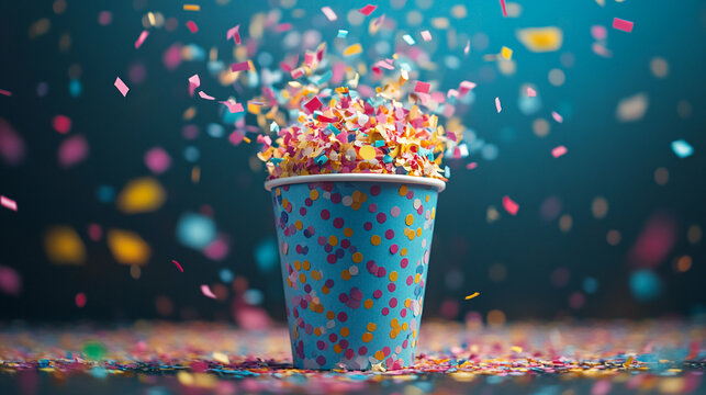 Celebrate milestones with vibrant confetti explosions from a polka dot cup, perfect for birthdays, graduations, or exciting announcements that spark joy