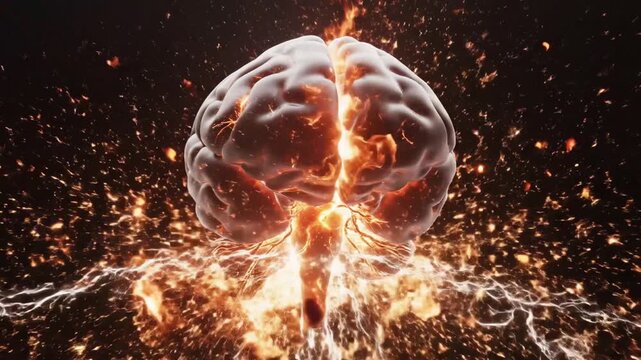 Illuminated, 3D render of a glowing human brain with fiery particles