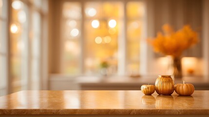 Modern home kitchen INTENTIONALLY BLURRED IMAGE golden reflections across countertop with blurred fall accents