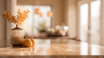 Modern home kitchen INTENTIONALLY BLURRED IMAGE golden reflections across countertop with blurred fall accents