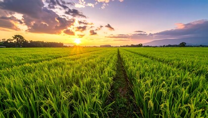 Lush green rice paddy field at sunset with golden sky and cloud formations