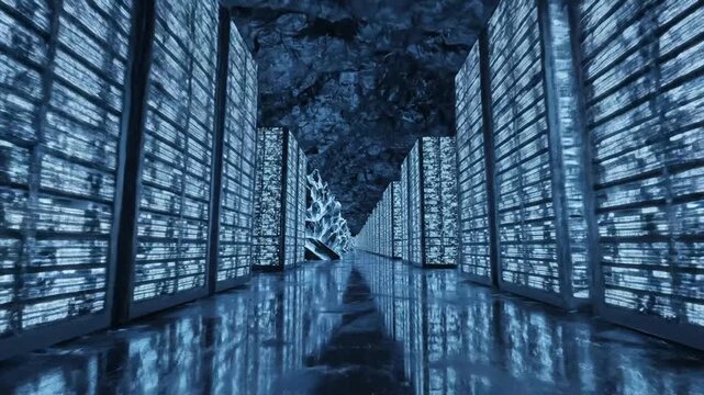 Servers Glow in Ice Cave Formation for Data Storage Concept