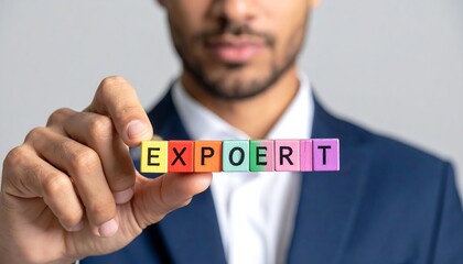 Man in blue suit holds colorful blocks spelling 'EXPOERT', slightly blurred, against a neutral background