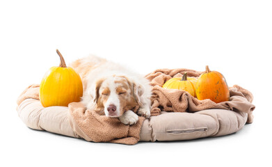 Cute Australian Shepherd dog with blanket and pumpkins sleeping on pouf against white background