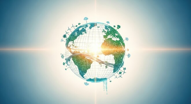 Earth globe rotating with energy beam in space showing global connection, innovative technology, and future communication networks, creating a futuristic and hopeful scene.